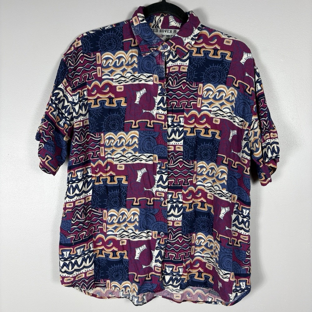 Red Rover Women's Large Multicolor Abstract Button Front 80s 90s Shirt Blouse